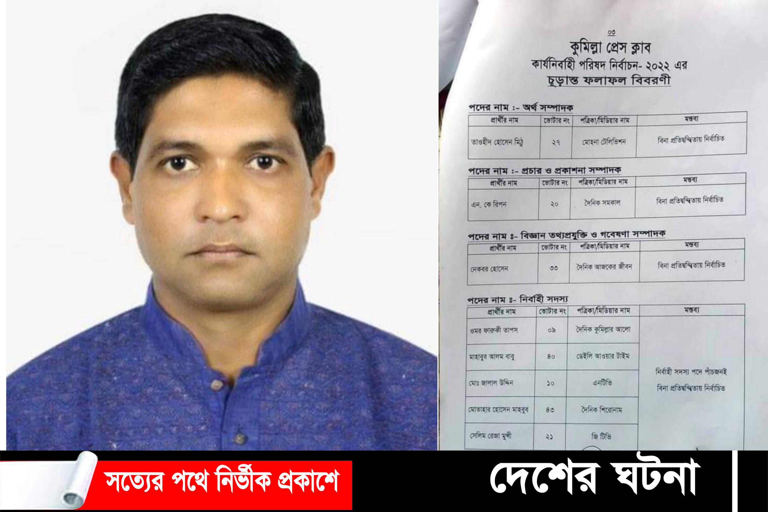 কুমিল্লা প্রেসক্লাব নির্বাচনে বিজয়ী দেশের ঘটনা প্রতিনিধি- নেকবর হোসেন